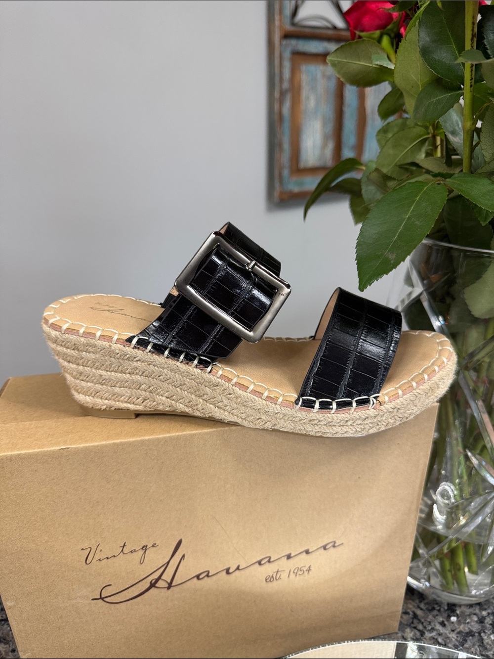 Vintage Havana Black Faux-Croc Espadrille Wedge Slides NEW 8.5